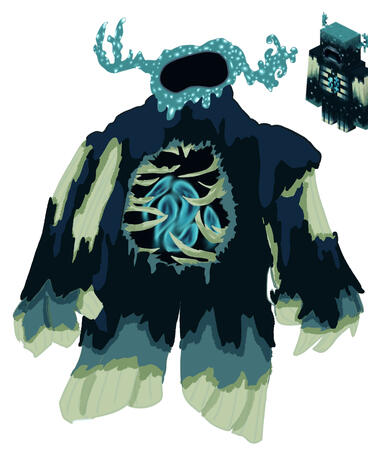 A drawing of a warden from Minecraft with a plain white background.